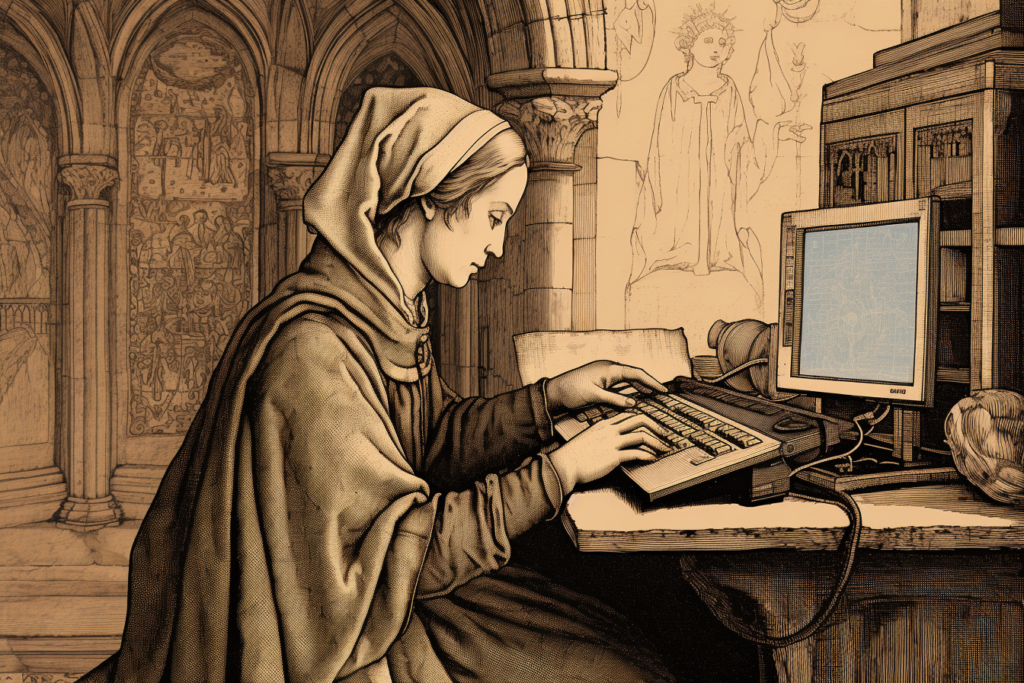 Mittelalterliche Krankenschwester mit Computer (AI-generiertes Symbolbild)